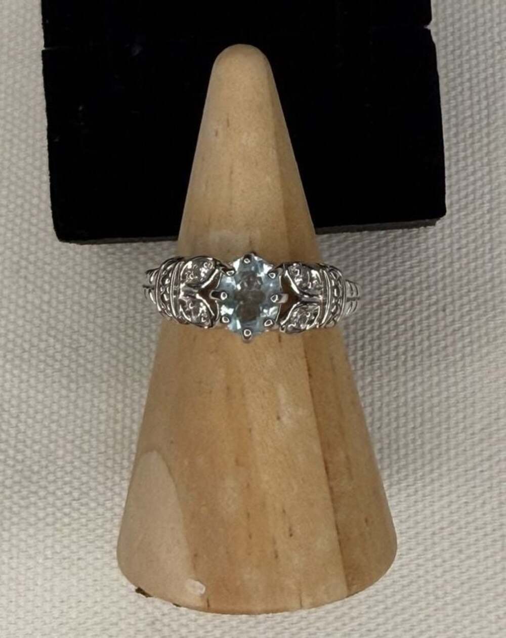 Size 9 RJ 925 Sterling Silver lab Blue Topaz and CZ Accent Ornate Ring